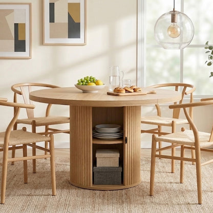 47.2-inch round wooden-style dining table with double-layer storage design and Roman column shape - featuring classic wood grain finish, it creates an eternal and elegant atmosphere for your living