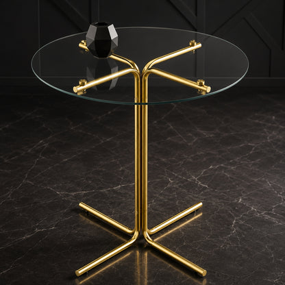 Round glass bar high table, 36 inch round bar table, tempered glass tabletop, sturdy gold chrome plated four column support, suitable for transparent round bar tables in small spaces, kitchens