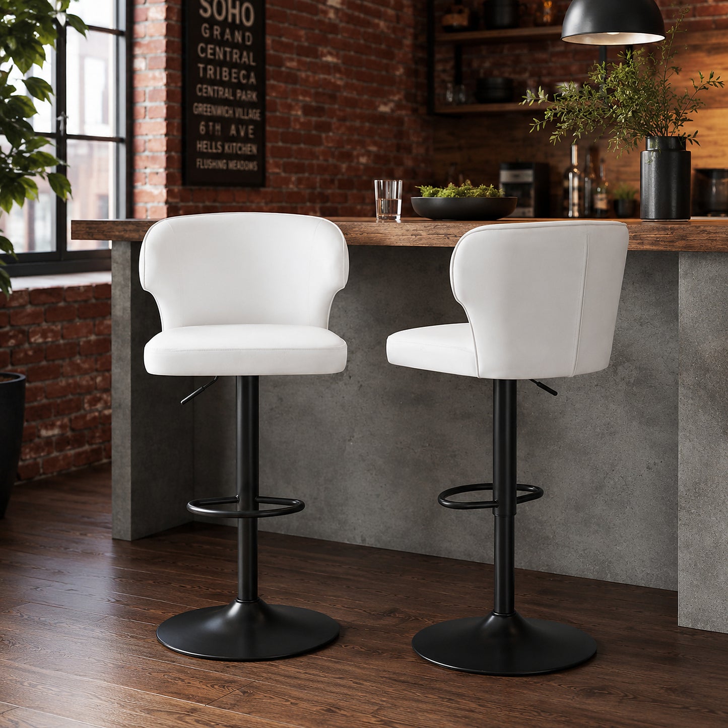 Modern rotating adjustable bar chair, PU leather belt backrest swivel chair, suitable for kitchen bar counter and dining room, adjustable height, capable of bearing 300 pounds (white -2 pieces)