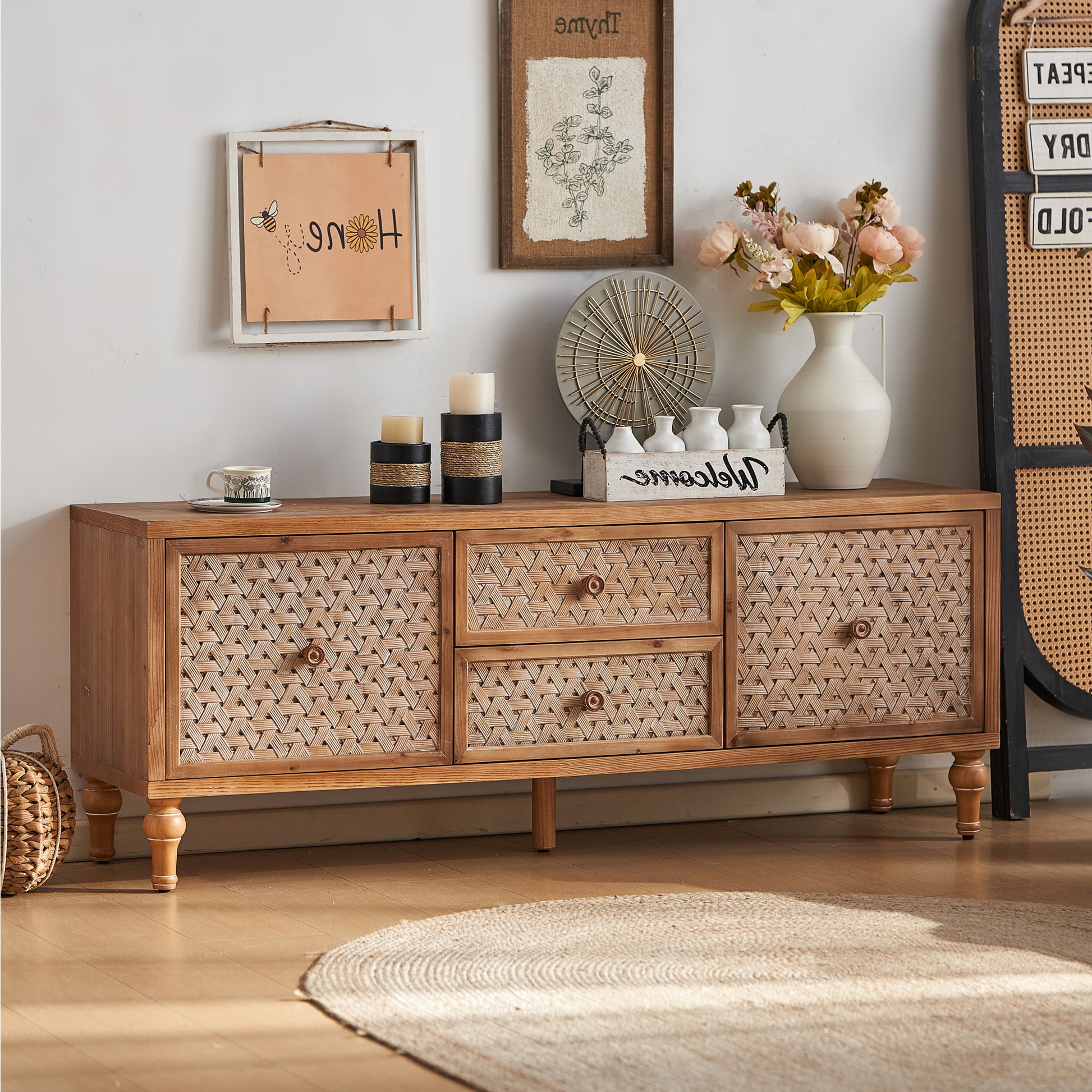 Rattan TV Stand for TVs, Wood TV Stand Mid Century Distressed TV Stand TV Media Console with Drawer and Door, Boho Entertainment Center for Living Room