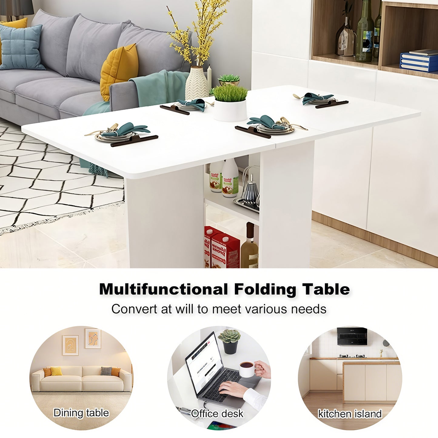 Folding Drop Leaf Dining Table - White, 47.2" x 23.6" for Dining Room