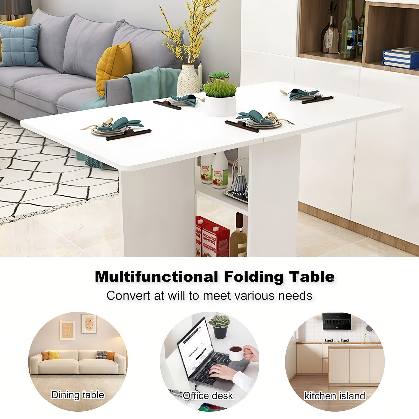 Folding Drop Leaf Dining Table - White, 47.2" x 23.6" for Dining Room