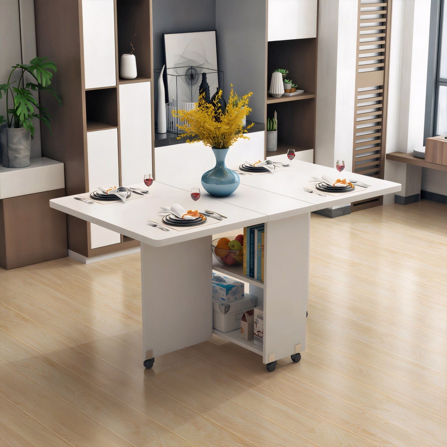 Folding Drop Leaf Dining Table with 6 Wheels and 2-Layer Storage Shelf, Space Saving Table for Small Spaces, 47.2 inch D x 23.6 inch W x 30.3 inch H, White