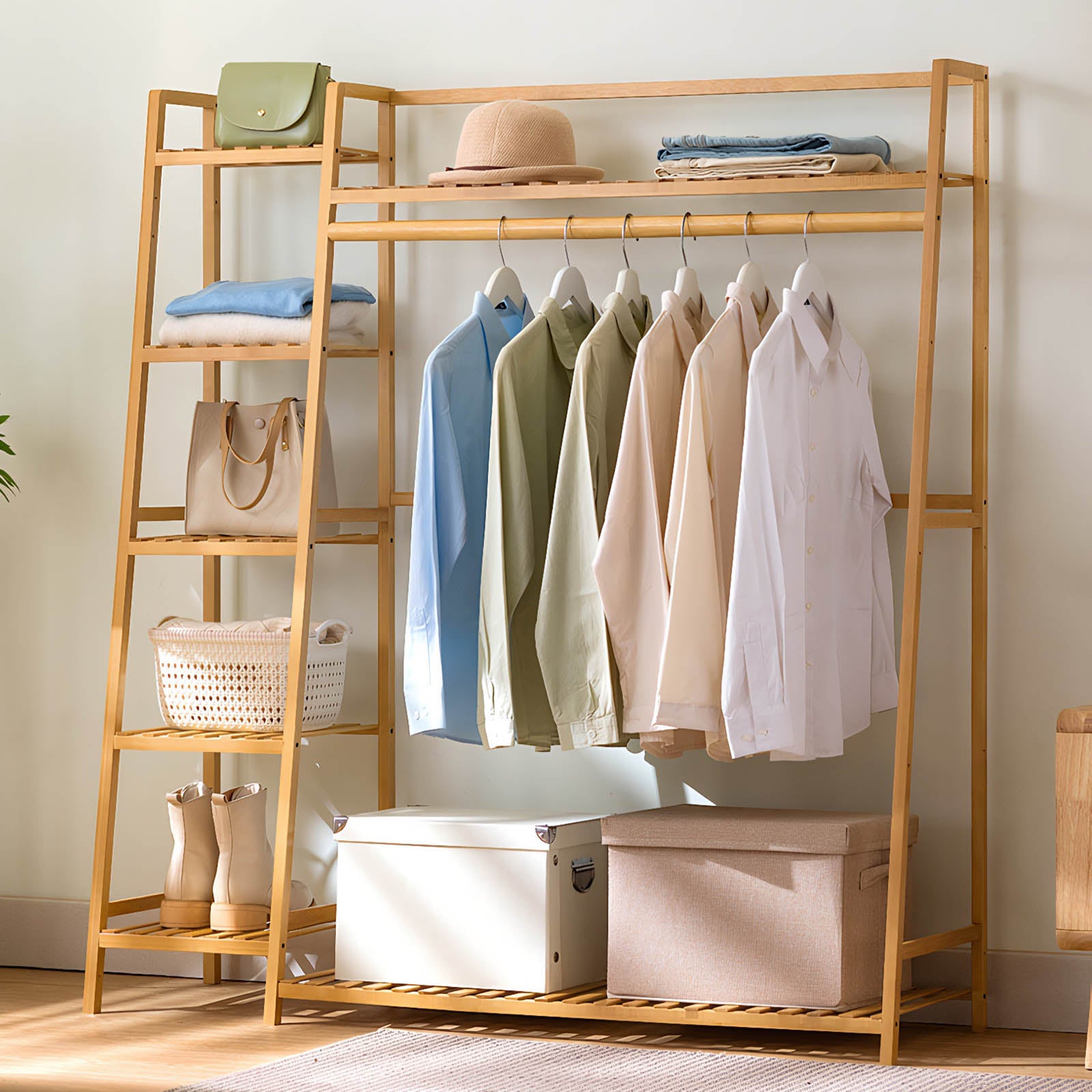 Natural Bamboo Coat Rack - 43" Storage Shelves