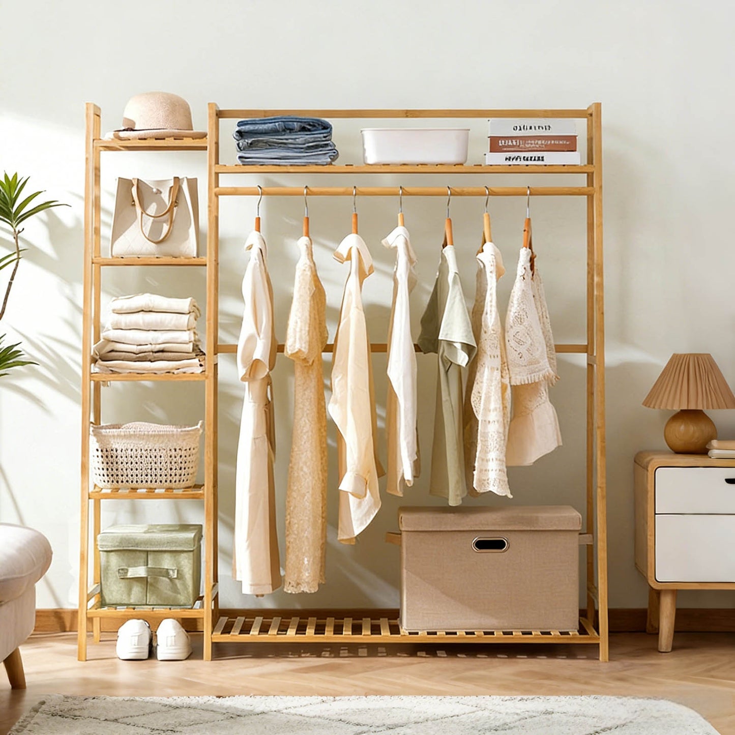 Natural Bamboo Coat Rack - 43" Storage Shelves