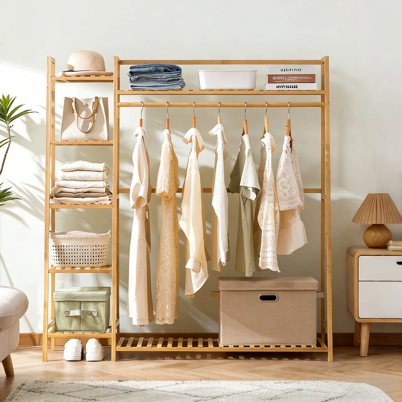 Natural Bamboo Coat Rack - 43" Storage Shelves