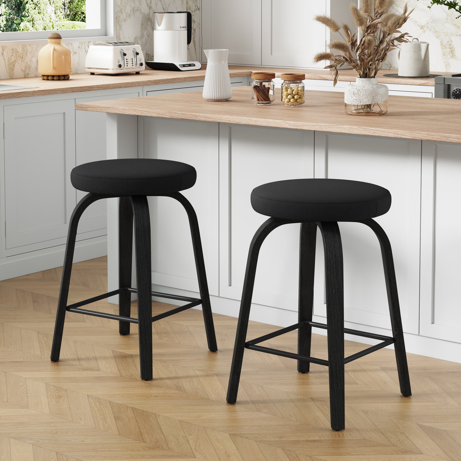 Swivel Bar Stools Set of 2, Counter Height Backless 26″ Bar Stool, Fabric Upholstered Seat, Sturdy Wood Legs and Metal Footrest, Mid-Century Modern Island Stools for Home Bars, Restaurants, All black