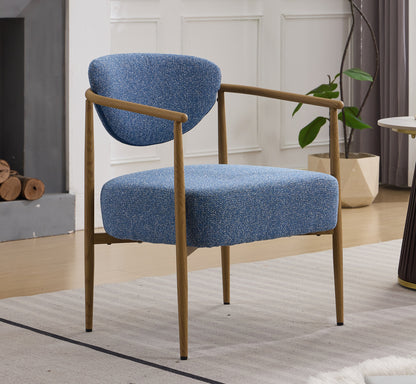 Blue fabric cover,dining room chair, living room chair, bedroom chair, woven fabric with foam back and seat,soft and comfortable seating, metal frame with water transfer pringting, wood grain visual
