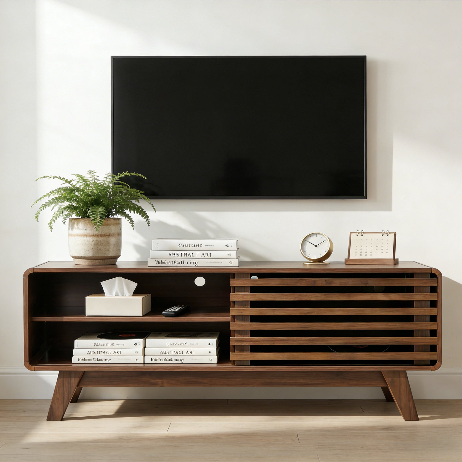 TV Stand with Storage, Entertainment Center with Slatted Sliding Door, Mid Century Modern TV Stand, Farmhouse Media Console for Living Room (Walnut, 46")