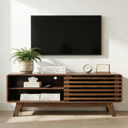 TV Stand with Storage, Entertainment Center with Slatted Sliding Door, Mid Century Modern TV Stand, Farmhouse Media Console for Living Room (Walnut, 46")