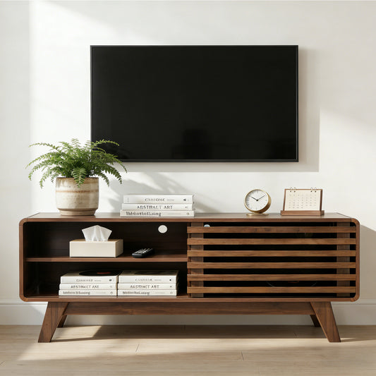 TV Stand with Storage, Entertainment Center with Slatted Sliding Door, Mid Century Modern TV Stand, Farmhouse Media Console for Living Room (Walnut, 46")