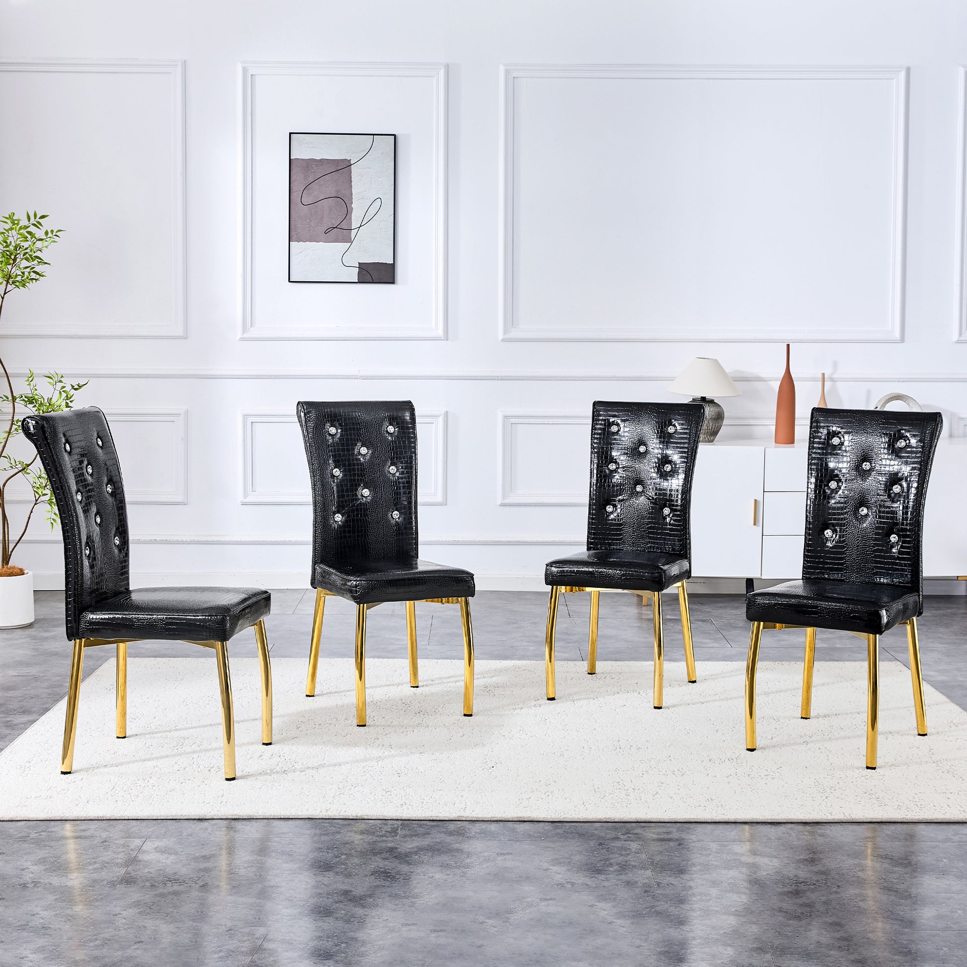 Black Gold PU Dining Chairs Set of 4 with Crystal Buckle Design