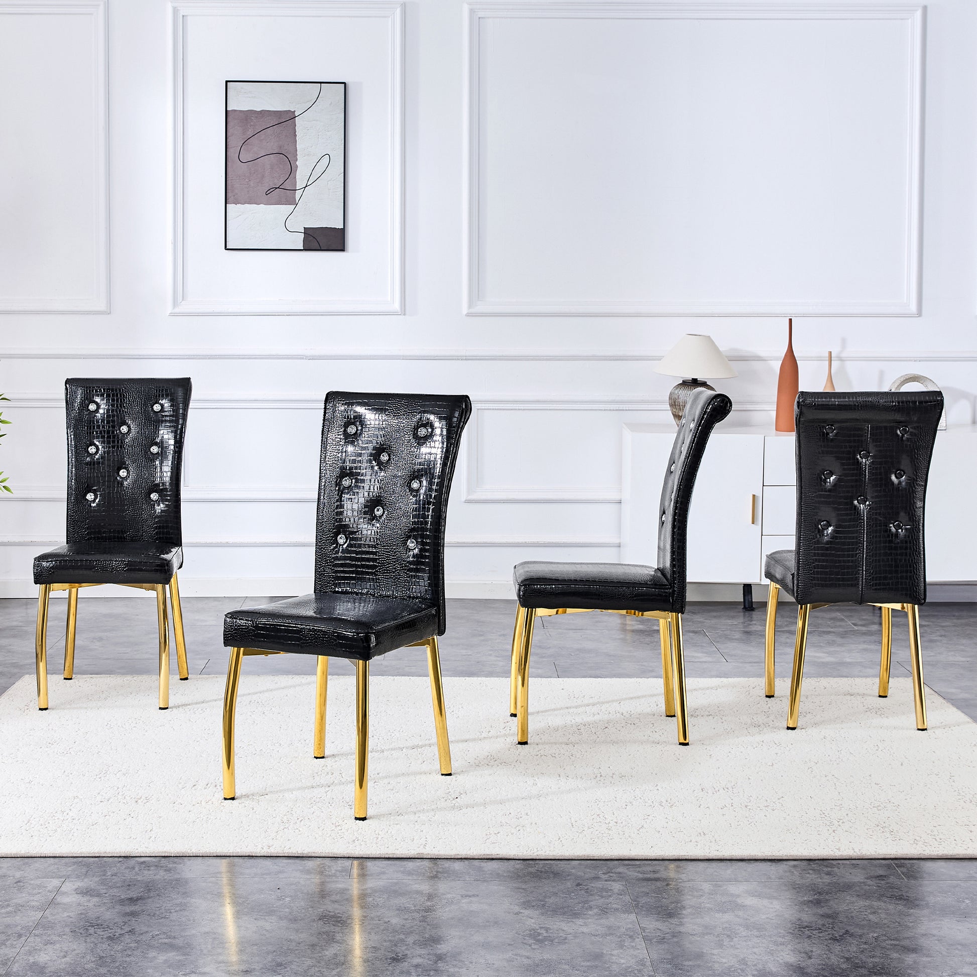 Black Gold PU Dining Chairs Set of 4 with Crystal Buckle Design