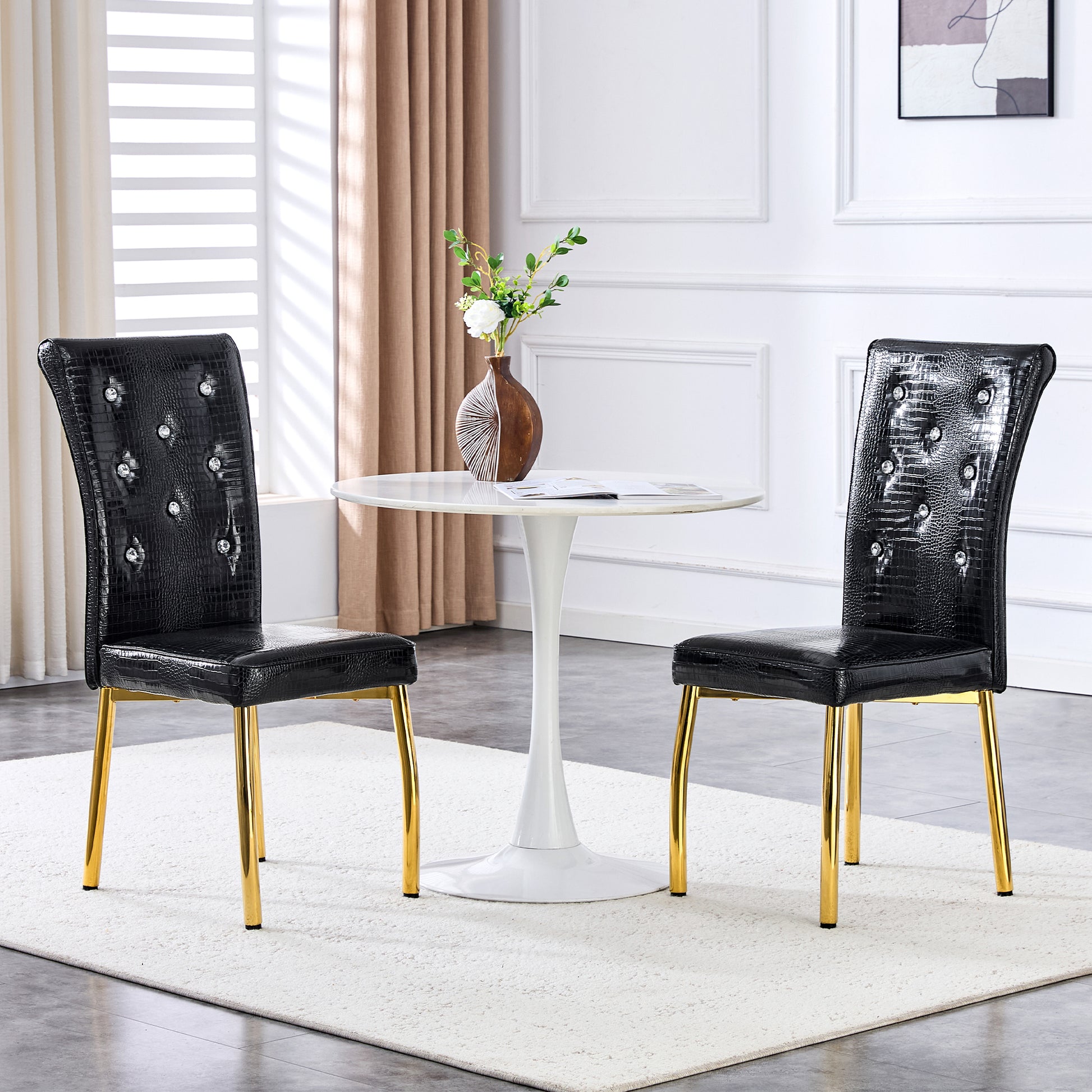 Black Gold PU Dining Chairs Set of 4 with Crystal Buckle Design