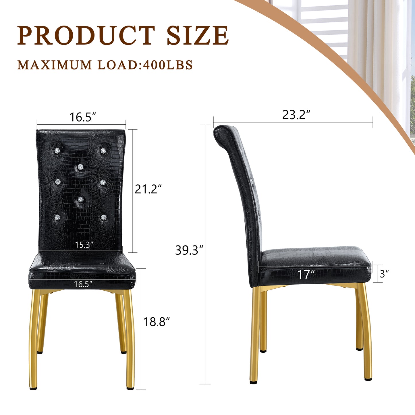 Black Gold PU Dining Chairs Set of 4 with Crystal Buckle Design