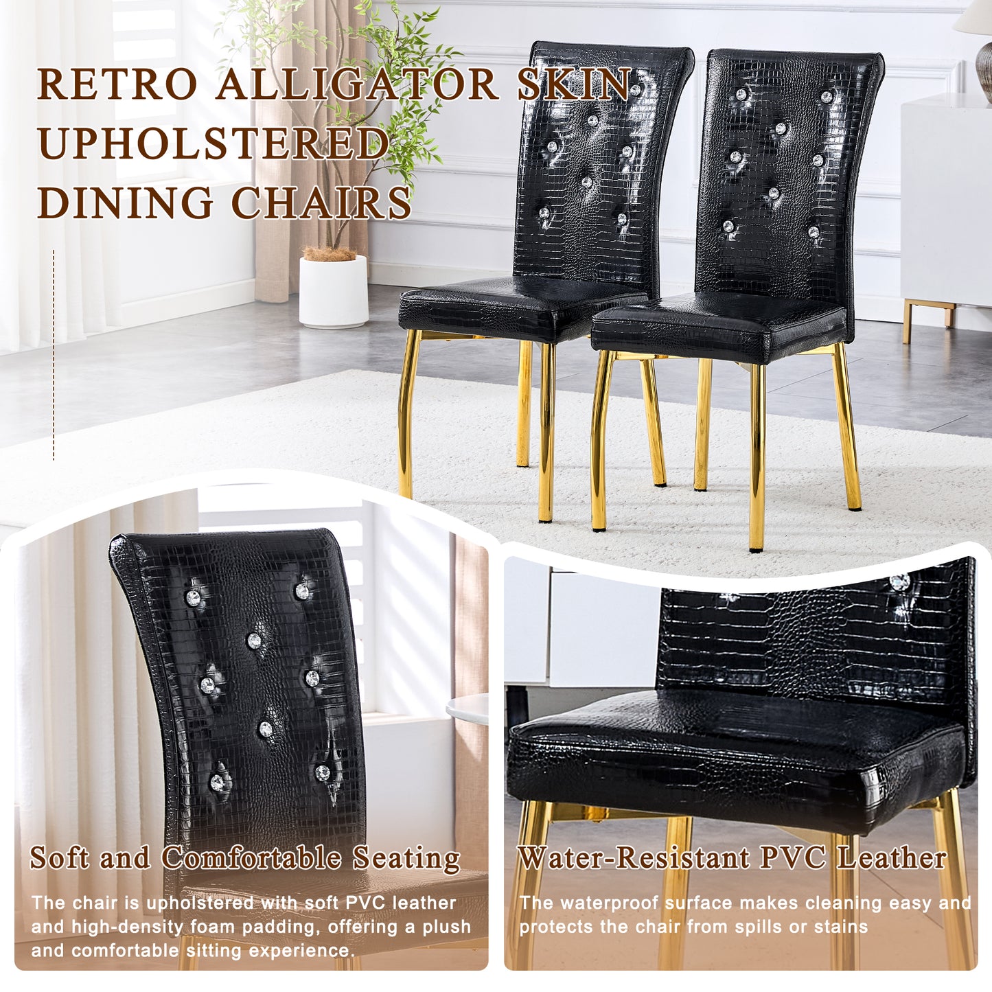 Black Gold PU Dining Chairs Set of 4 with Crystal Buckle Design