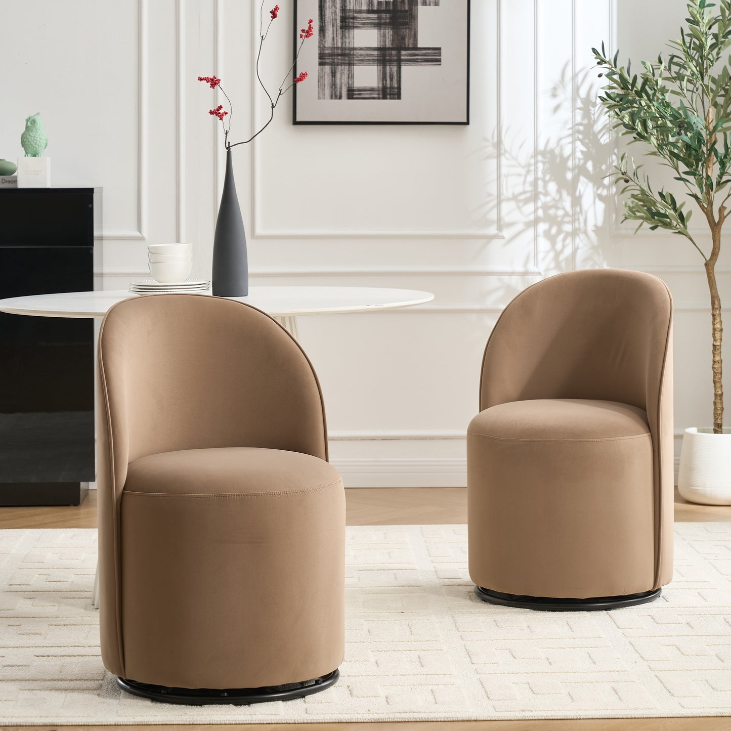 Modern Brown Round Dining Chair - Velvet Swivel Accent Seat