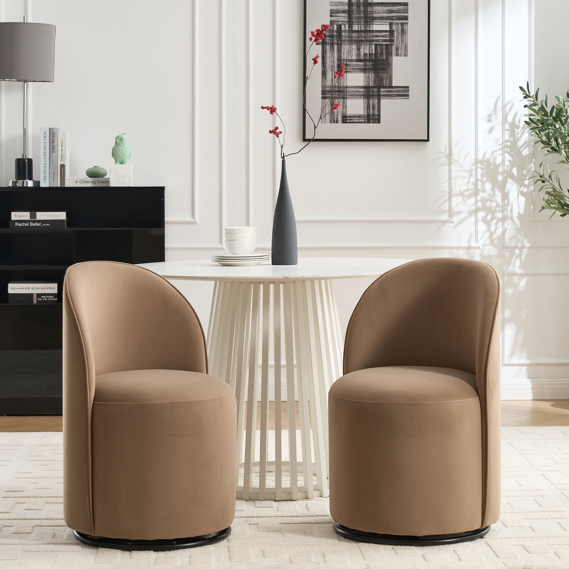 Modern Brown Round Dining Chair - Velvet Swivel Accent Seat