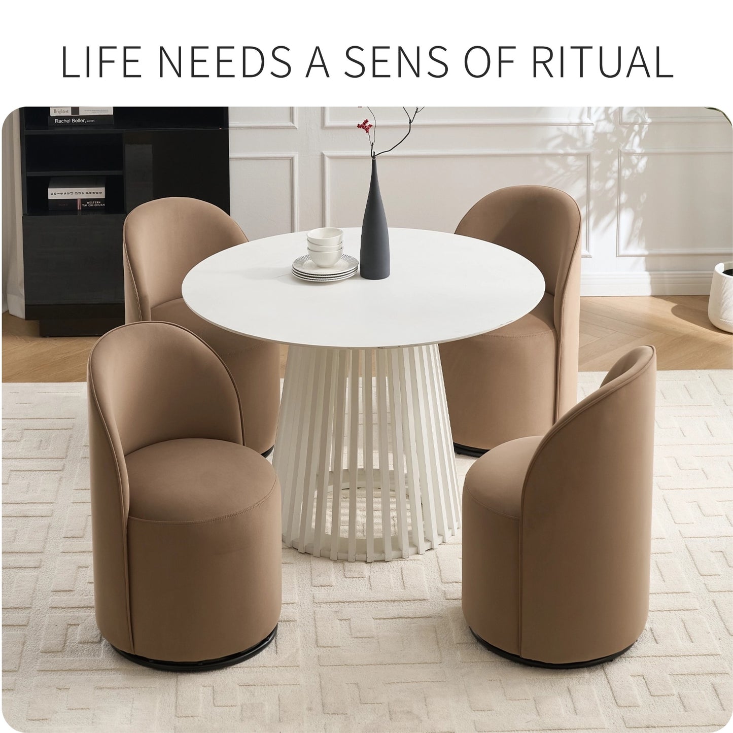 Modern Brown Round Dining Chair - Velvet Swivel Accent Seat