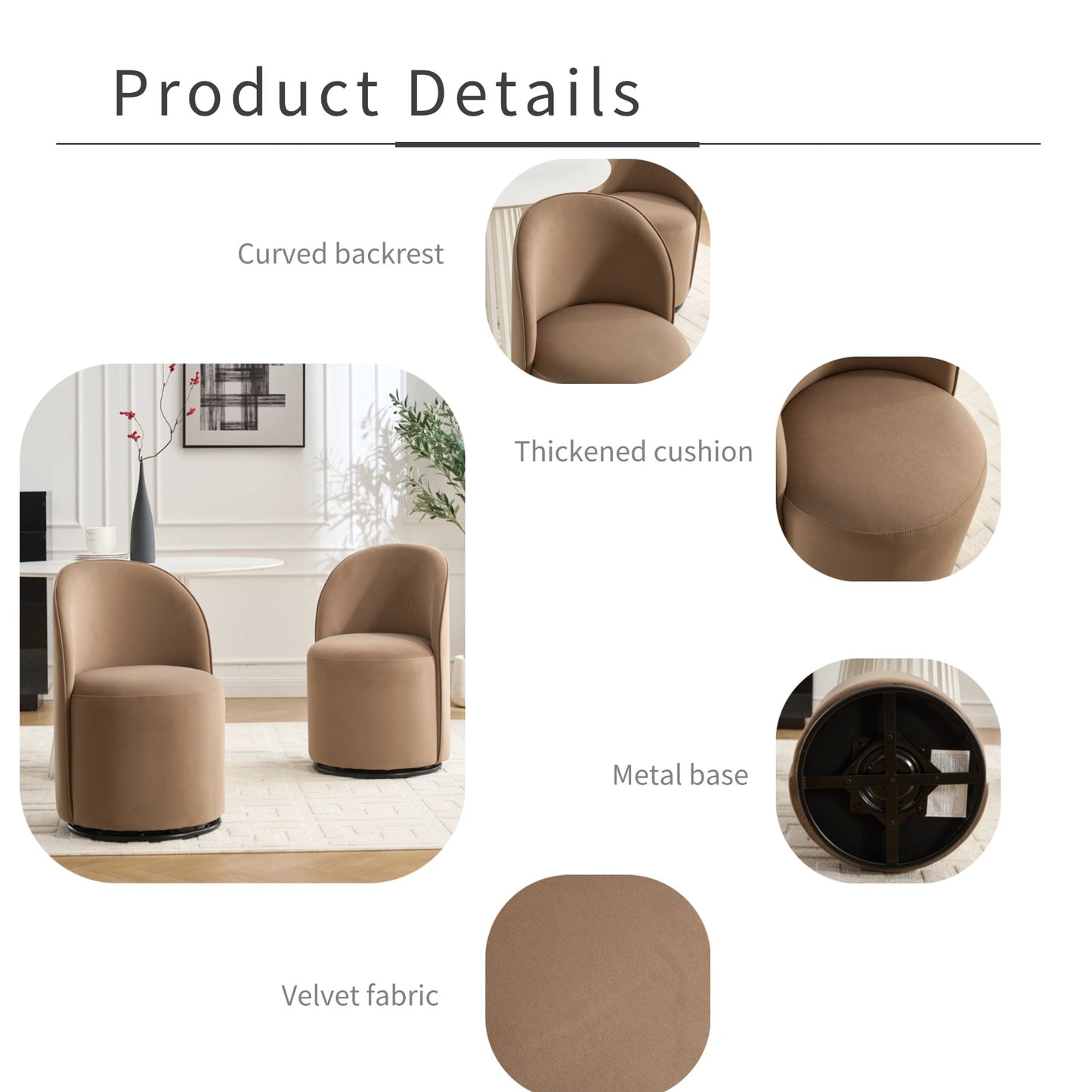 Modern Brown Round Dining Chair - Velvet Swivel Accent Seat