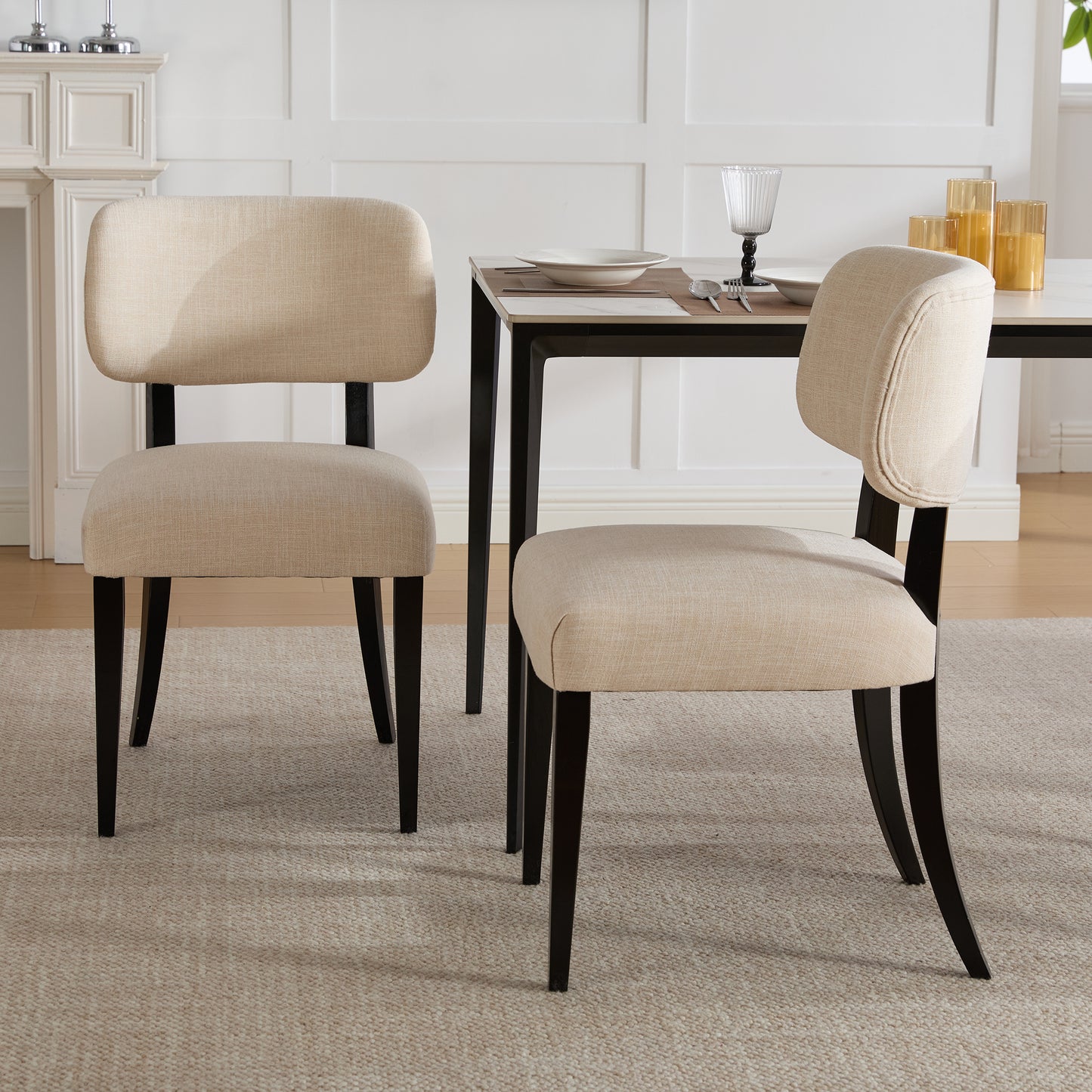 Cream Fabric Dining Chairs Set of 2 - Mid-Century Modern Style