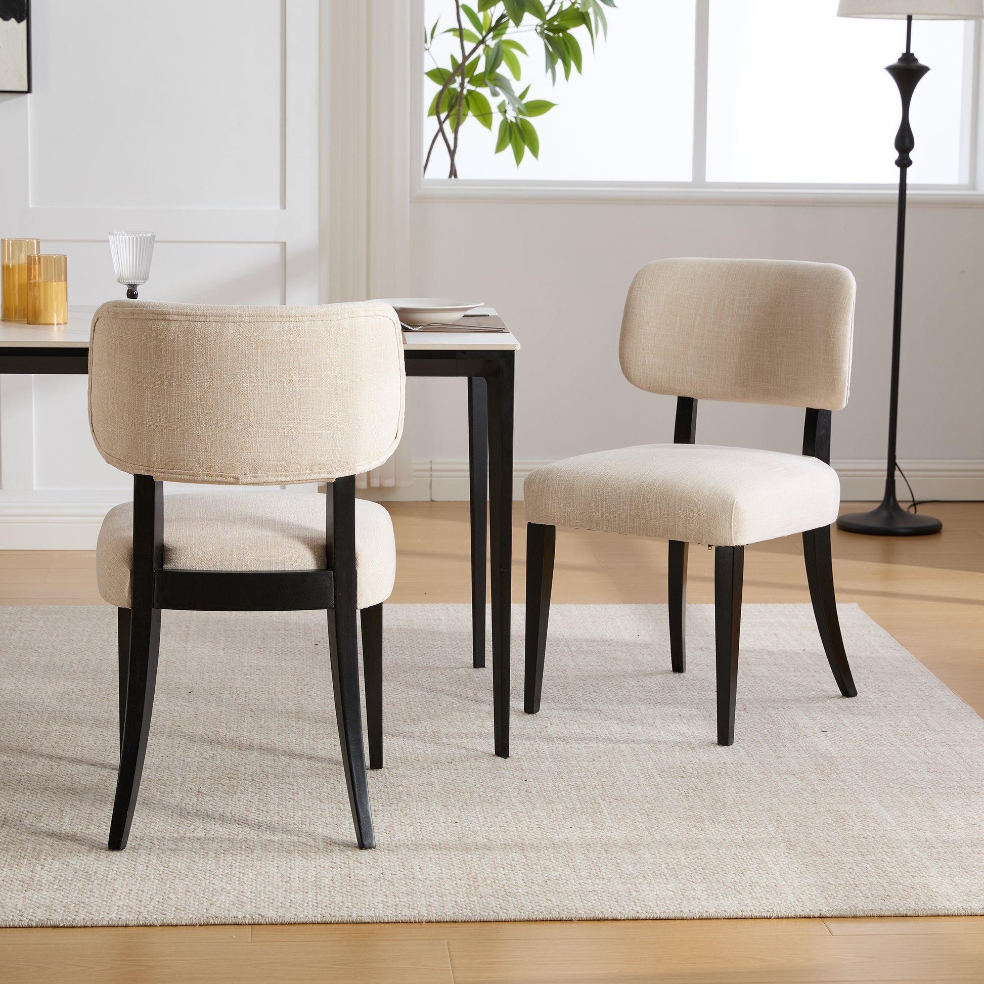 Cream Fabric Dining Chairs Set of 2 - Mid-Century Modern Style