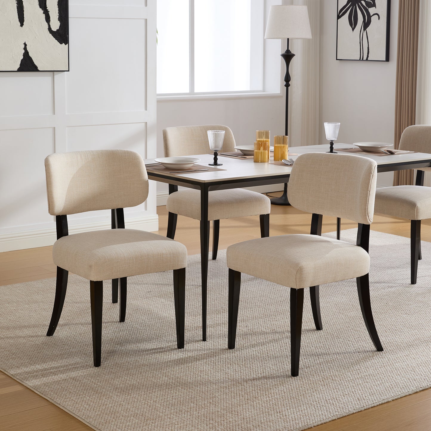 Cream Fabric Dining Chairs Set of 2 - Mid-Century Modern Style