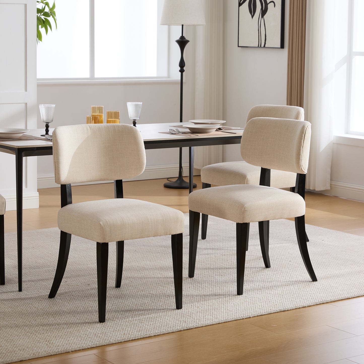 Cream Fabric Dining Chairs Set of 2 - Mid-Century Modern Style