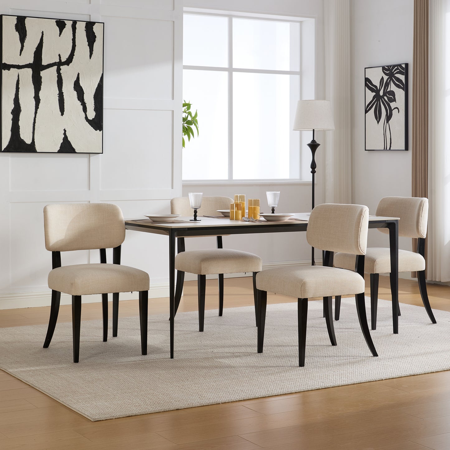 Cream Fabric Dining Chairs Set of 2 - Mid-Century Modern Style