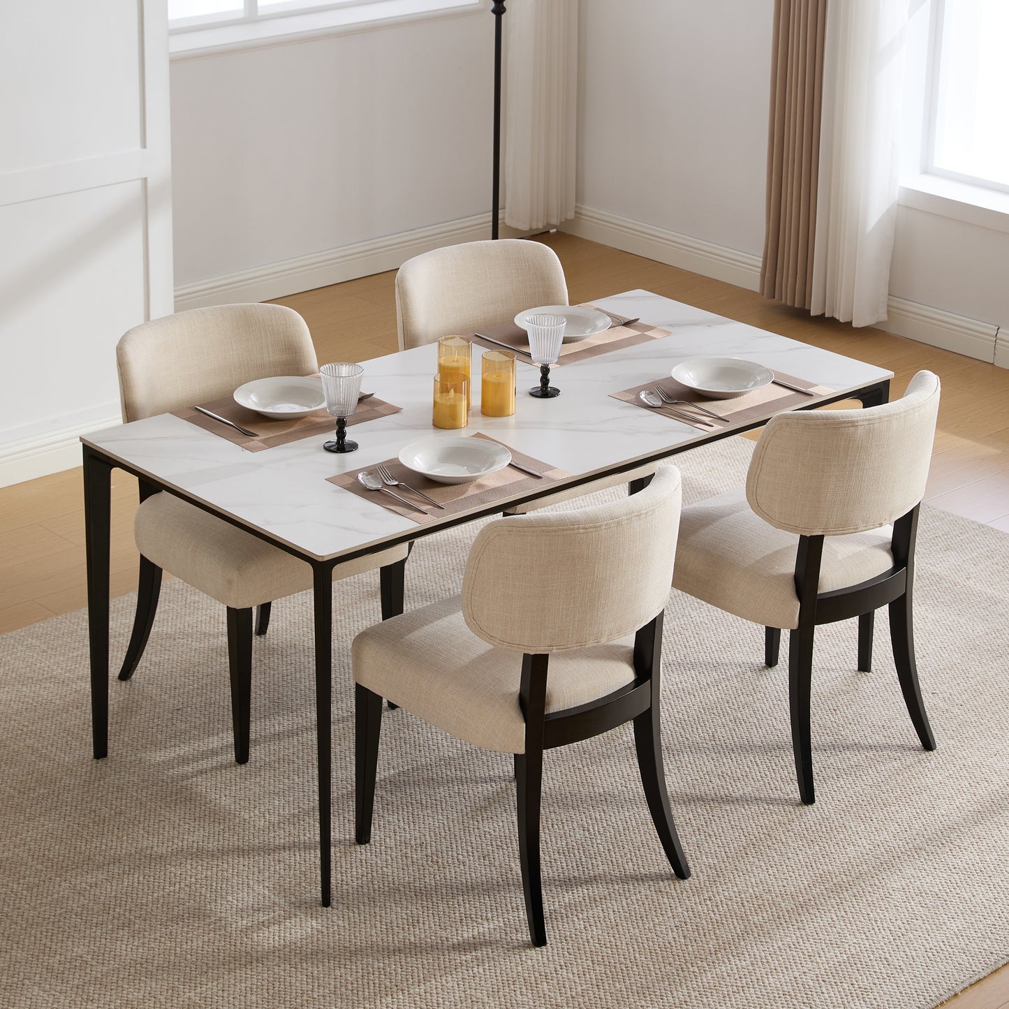 Cream Fabric Dining Chairs Set of 2 - Mid-Century Modern Style