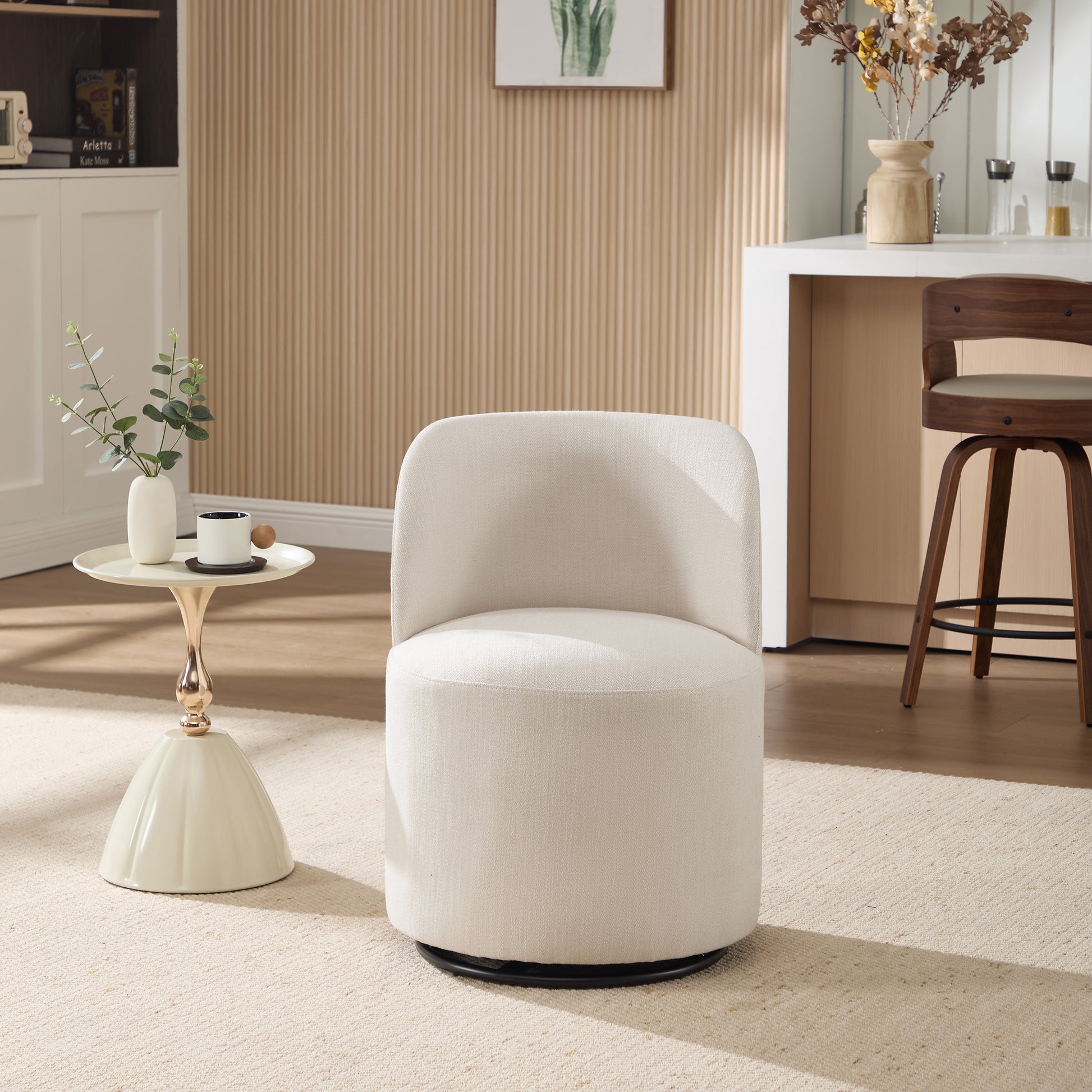 Modern Round Swivel Dining Chair in Beige Linen Wood Finish for Dining Room
