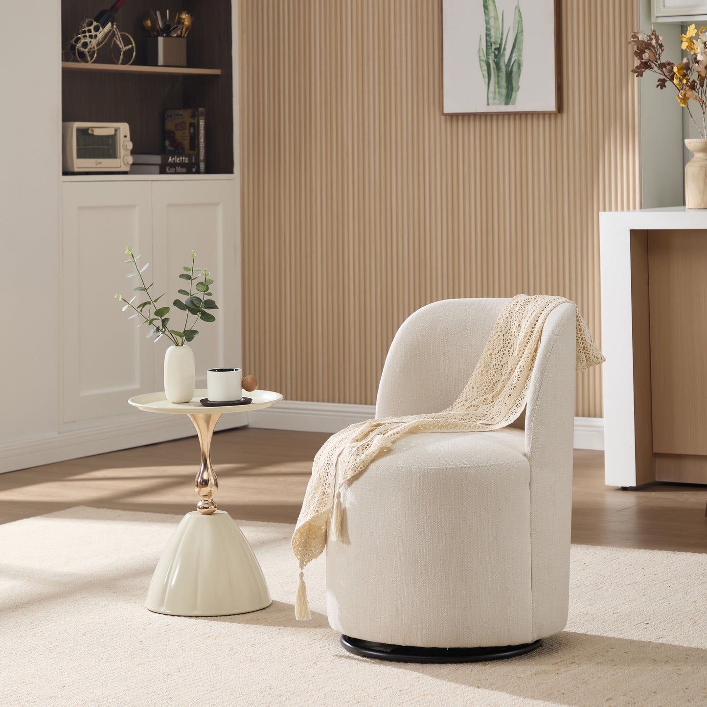 Modern Round Swivel Dining Chair in Beige Linen Wood Finish for Dining Room
