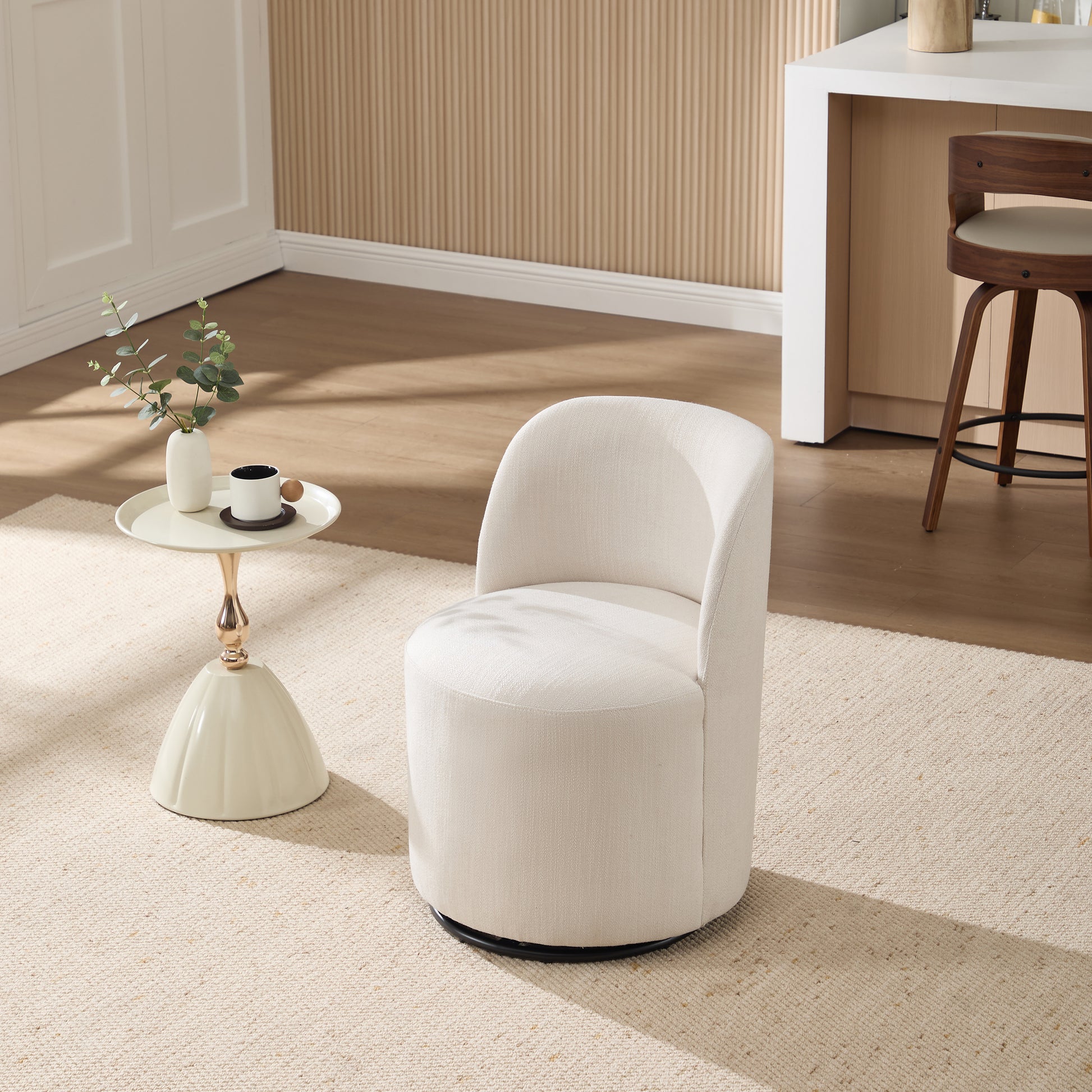 Modern Round Swivel Dining Chair in Beige Linen Wood Finish for Dining Room