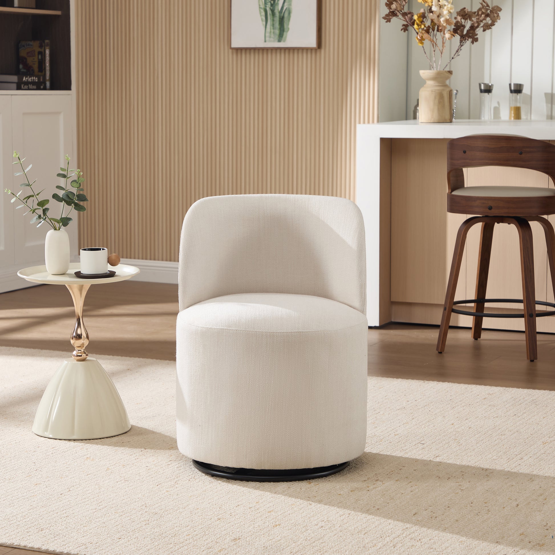 Modern Round Swivel Dining Chair in Beige Linen Wood Finish for Dining Room