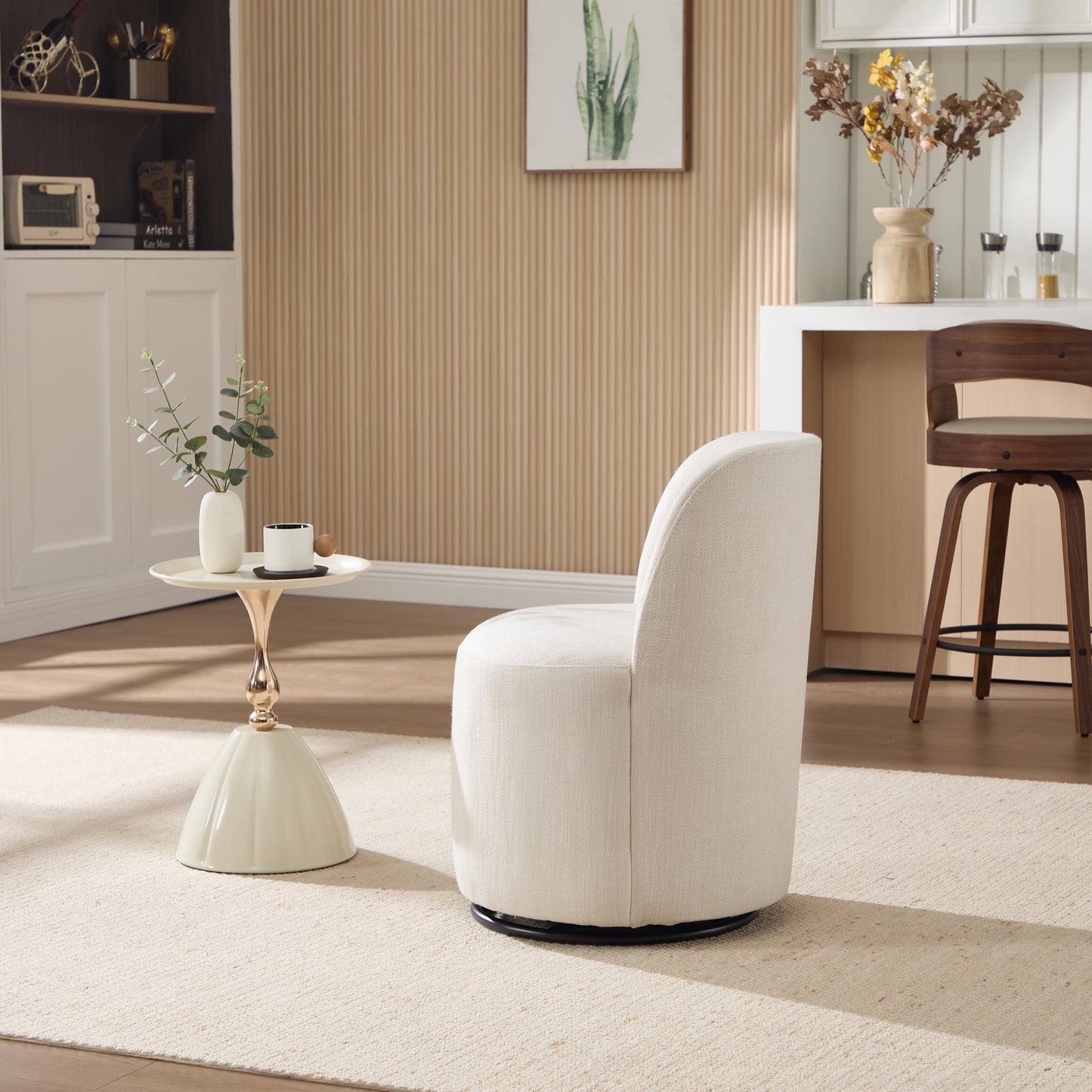 Modern Round Swivel Dining Chair in Beige Linen Wood Finish for Dining Room