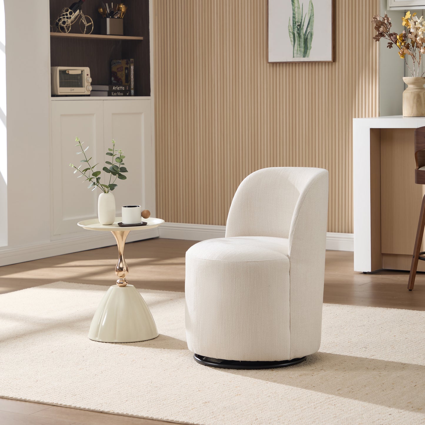 Modern Round Swivel Dining Chair in Beige Linen Wood Finish for Dining Room