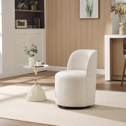 Modern Round Swivel Dining Chair in Beige Linen Wood Finish for Dining Room