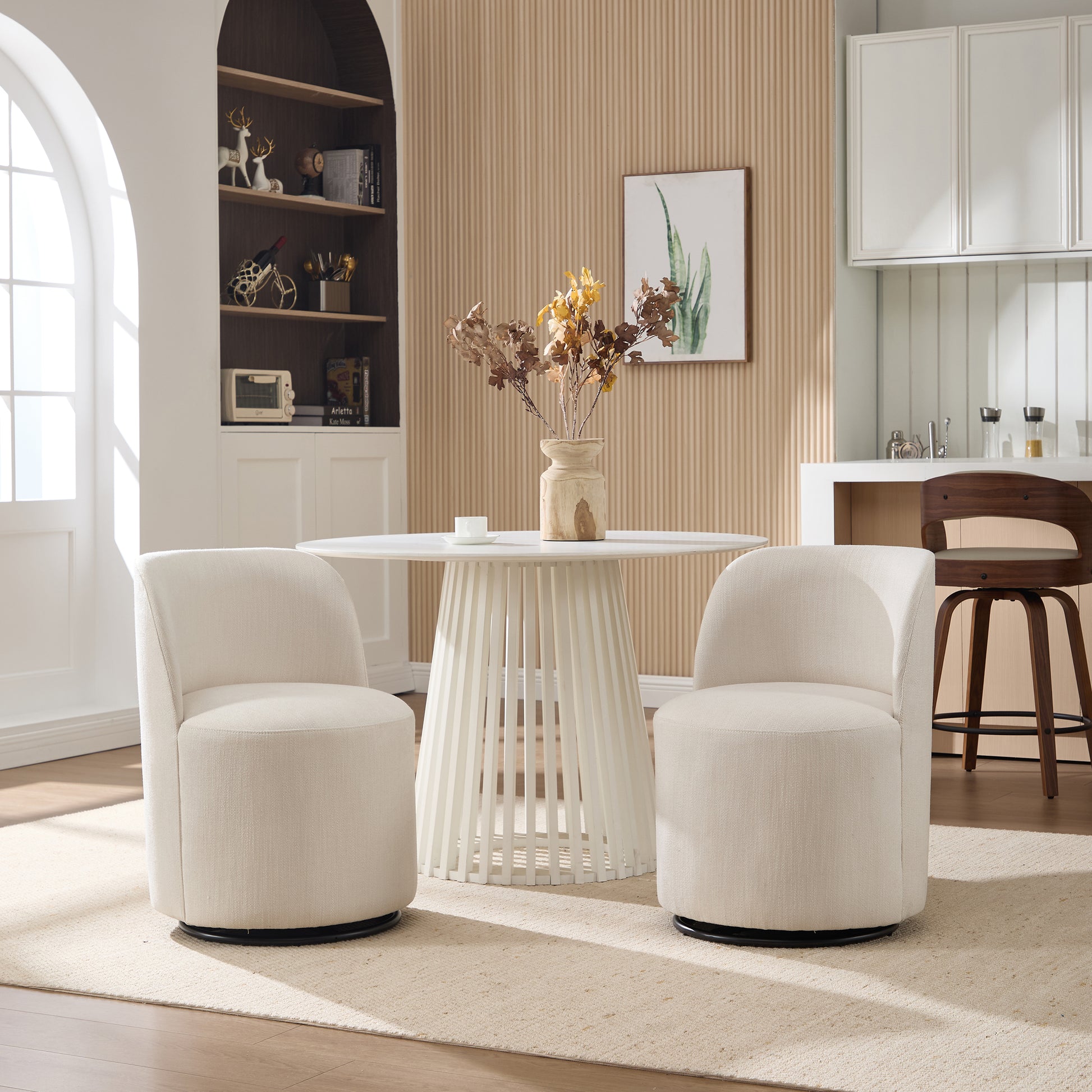 Modern Round Swivel Dining Chair in Beige Linen Wood Finish for Dining Room