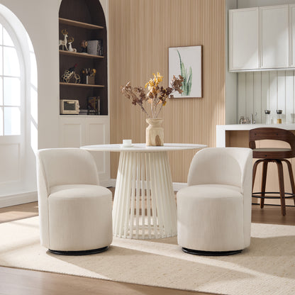 Modern Round Swivel Dining Chair in Beige Linen Wood Finish for Dining Room