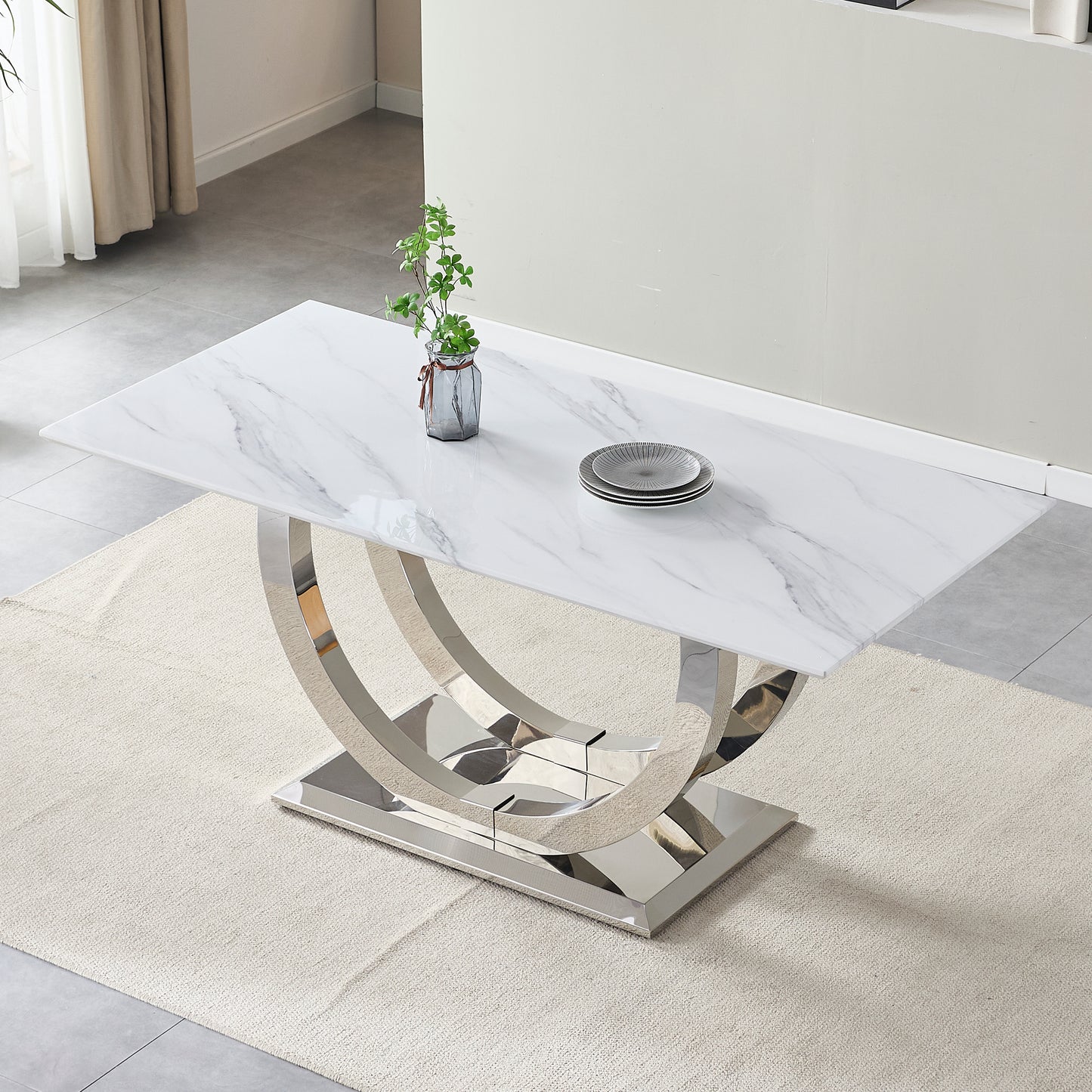 69.3" Rectangular Dining Table - Modern Silver & White MDF