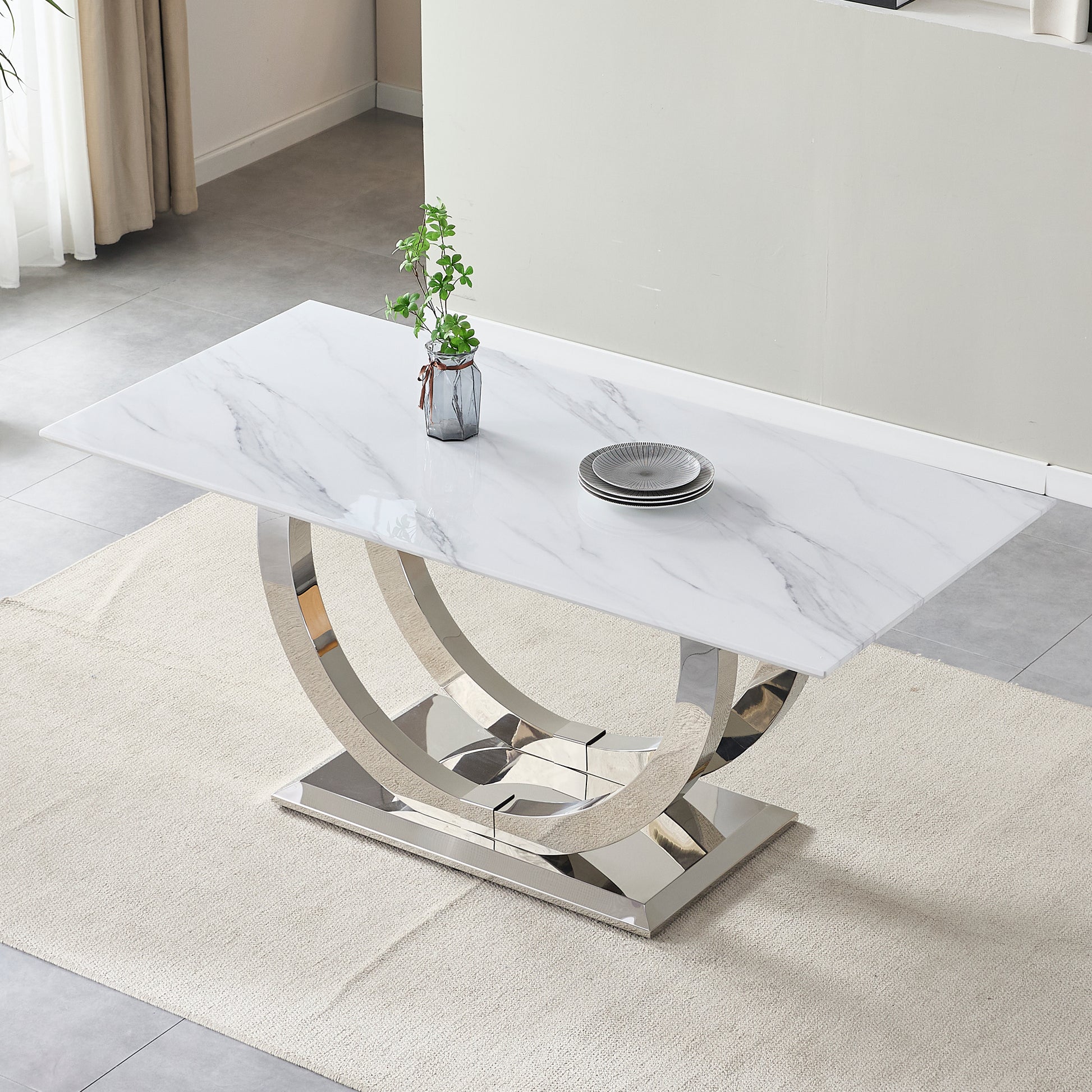 69.3" Rectangular Dining Table - Modern Silver & White MDF