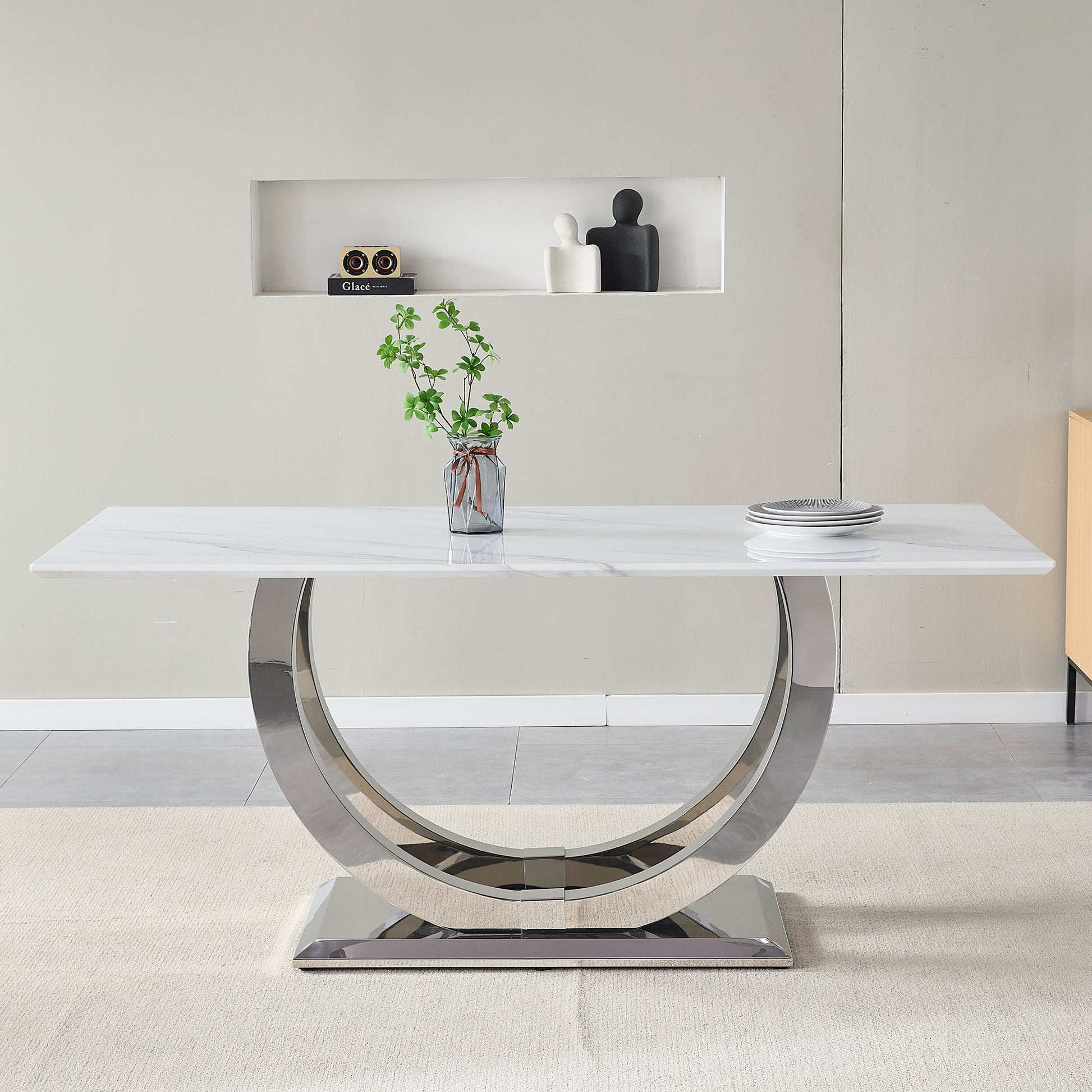 69.3" Rectangular Dining Table - Modern Silver & White MDF