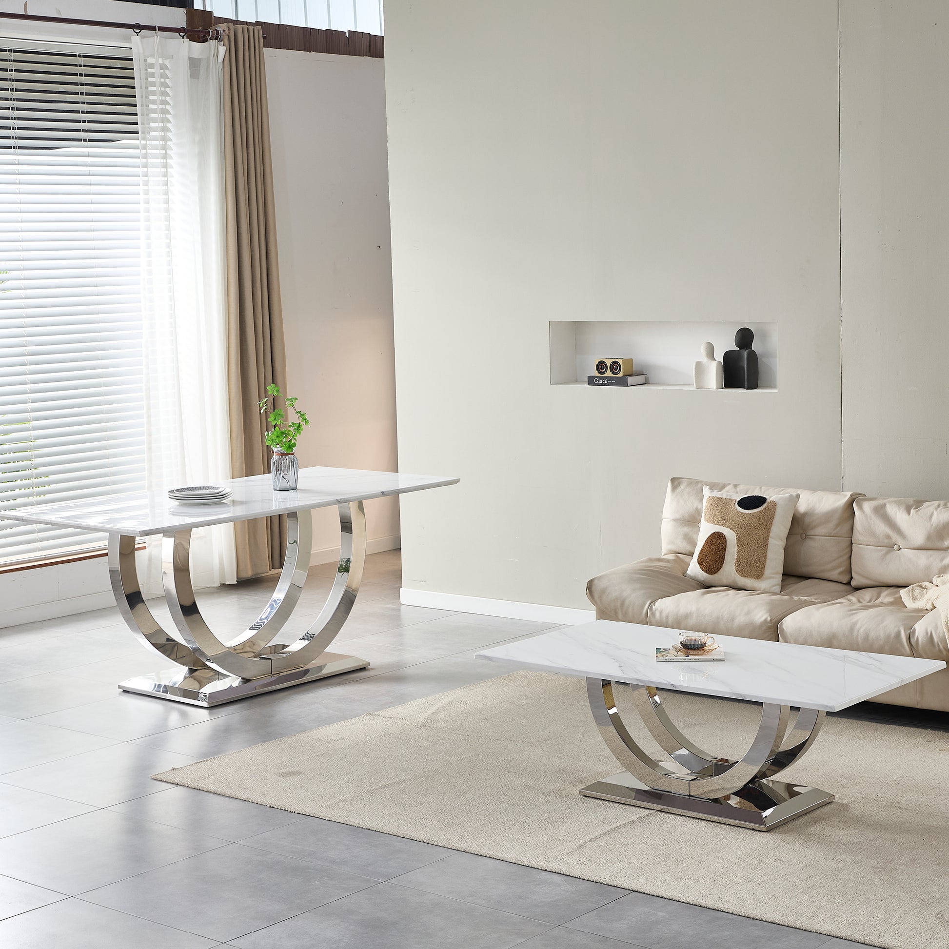 69.3" Rectangular Dining Table - Modern Silver & White MDF