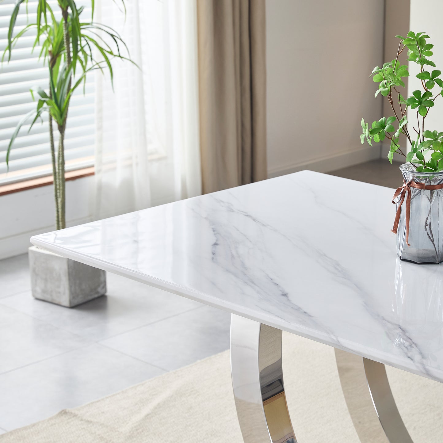 69.3" Rectangular Dining Table - Modern Silver & White MDF