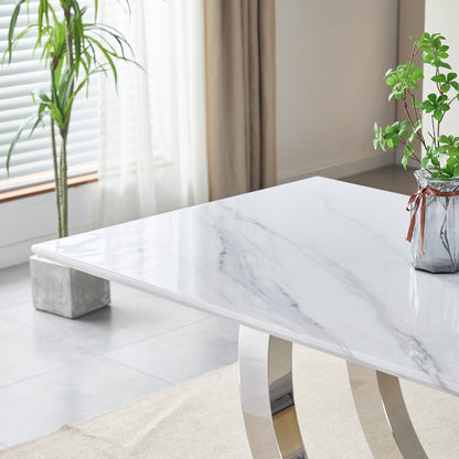 69.3" Rectangular Dining Table - Modern Silver & White MDF