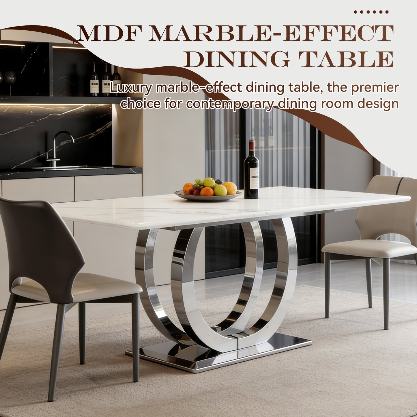 69.3" Rectangular Dining Table - Modern Silver & White MDF