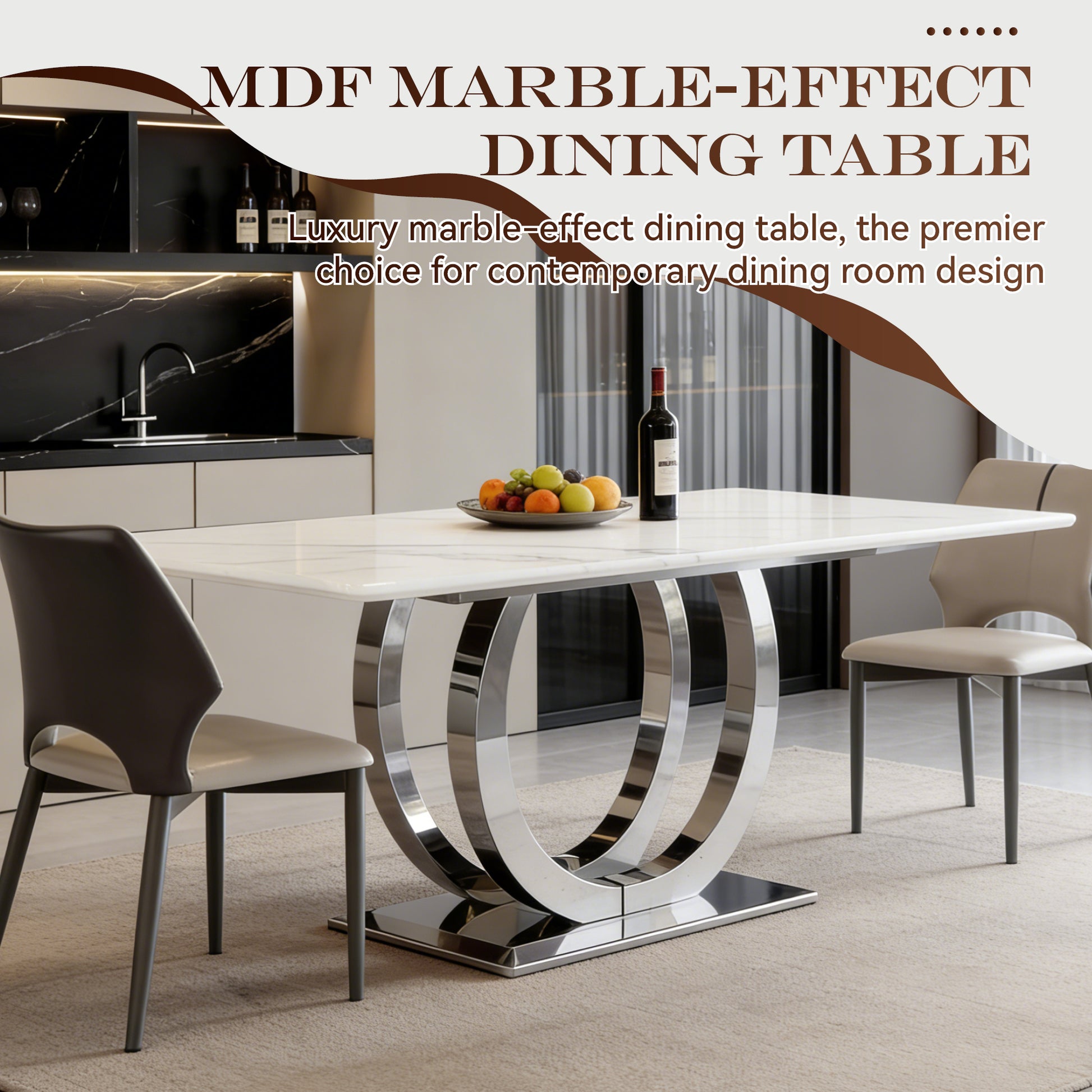 69.3" Rectangular Dining Table - Modern Silver & White MDF