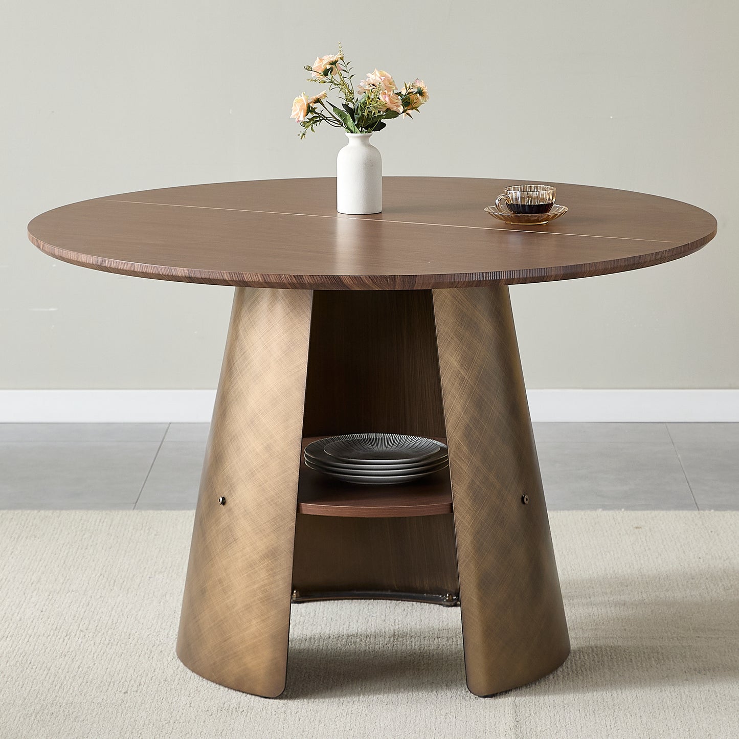 47.25 Inch Round Dining Table - Retro Style, Walnut Wood