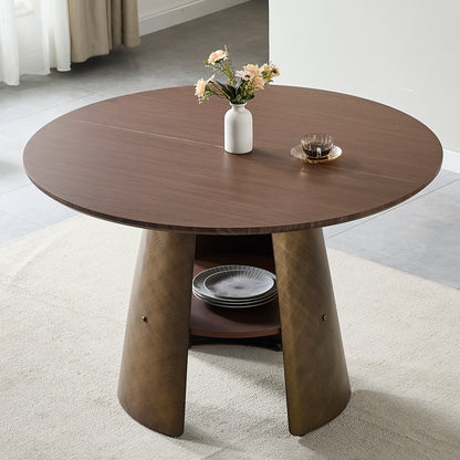 47.25 Inch Round Dining Table - Retro Style, Walnut Wood