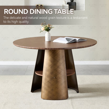 47.25 Inch Round Dining Table - Retro Style, Walnut Wood